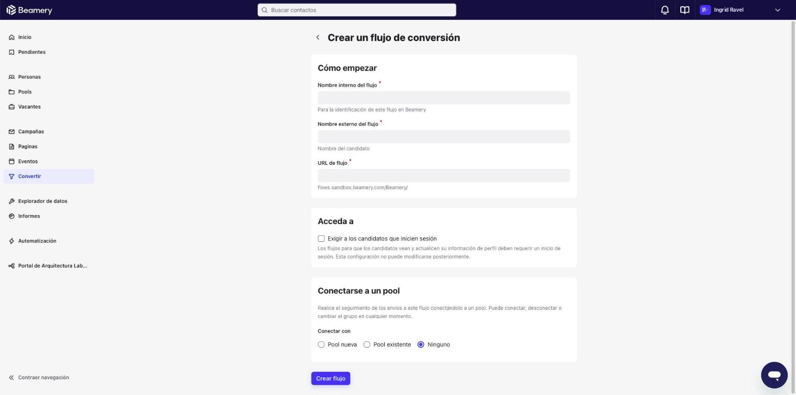 Página Crear un flujo de conversión con las secciones Cómo empezar, Acceda a y Conectarse a un pool