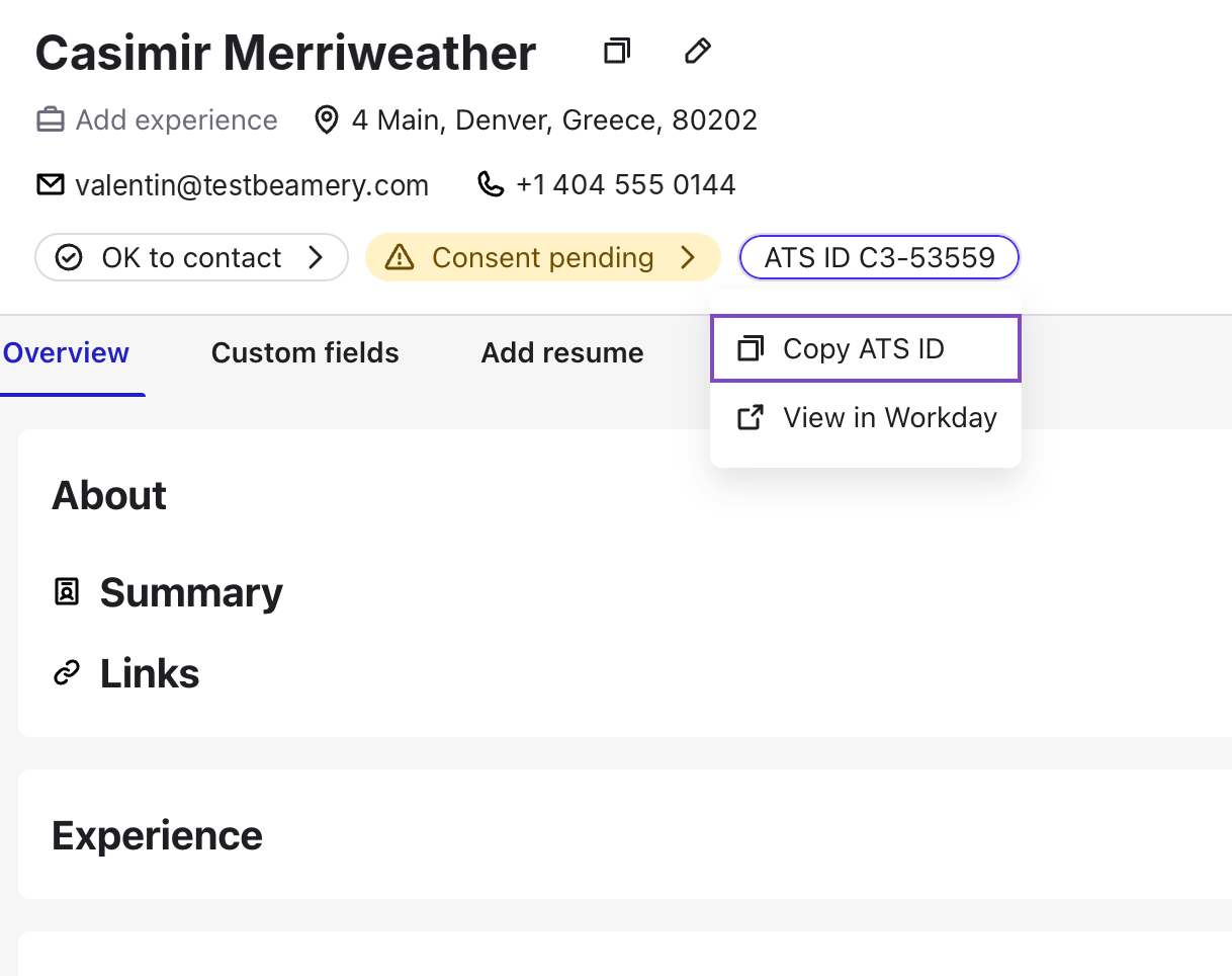 Perfil de un contacto de Beamery con el menú del ID del ATS abierto, que muestra las opciones Copy ATS ID y View in Workday