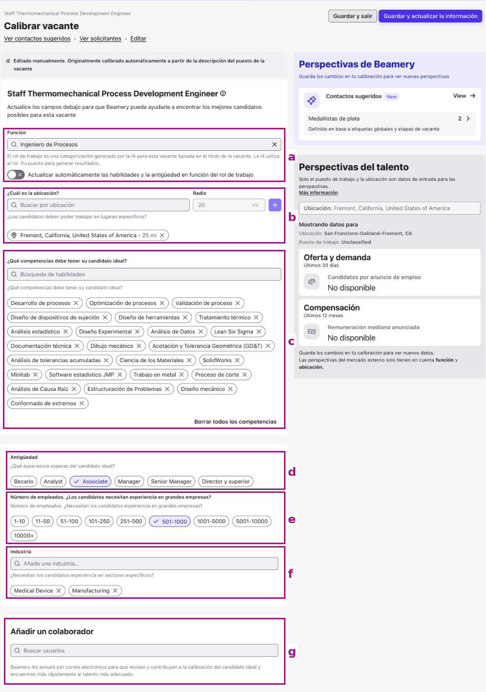 Página Calibrar vacante con las secciones a a g resaltadas, junto a Perspectivas de Beamery y Perspectivas del talento