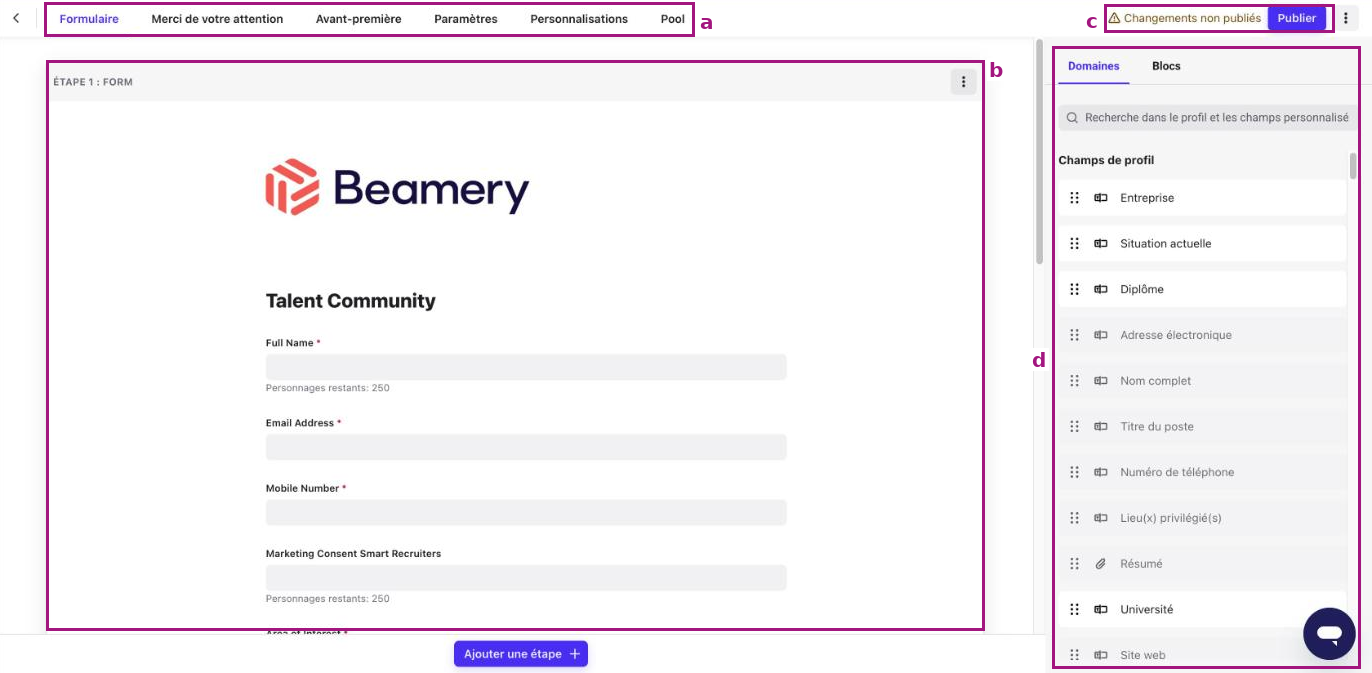 Schéma du Flow Builder avec les onglets, l’aperçu du formulaire et la liste des champs