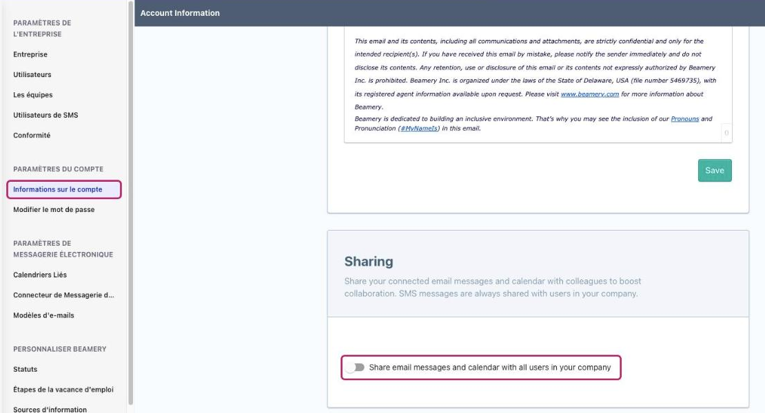 Page Account Information avec l’entrée « Informations sur le compte » du menu latéral et le bouton de partage de la section Sharing encadrés