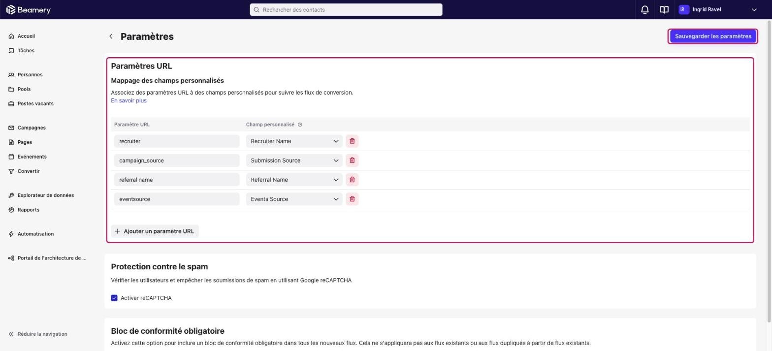 Page Paramètres de Convertir avec la section Paramètres URL et le bouton « Sauvegarder les paramètres » mis en évidence