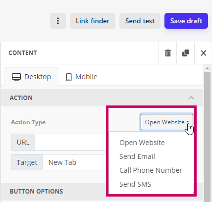Liste déroulante Action Type d’un bouton avec les options Open Website, Send Email, Call Phone Number et Send SMS