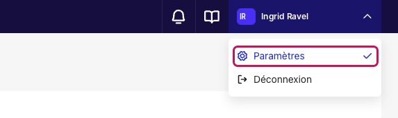 Menu utilisateur ouvert en haut à droite de Beamery, avec l’option Paramètres encadrée