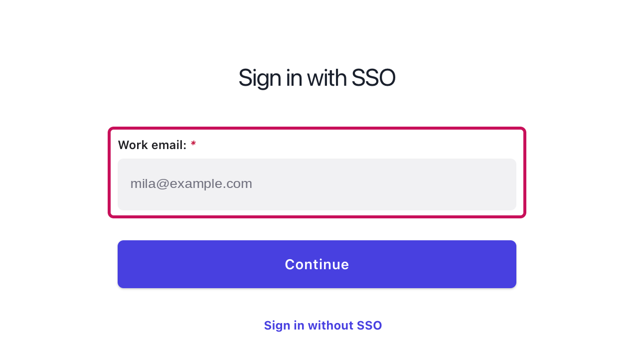 Page « Sign in with SSO » avec le champ Work email mis en évidence et le bouton Continue