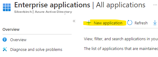 Página Enterprise applications de Azure Active Directory con el botón New application resaltado
