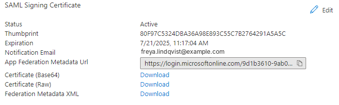 Sección SAML Signing Certificate con App Federation Metadata Url; el correo de notificación está oculto