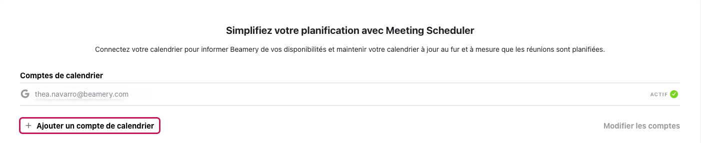 Bouton « Ajouter un compte de calendrier » encadré sur la page Calendriers Liés
