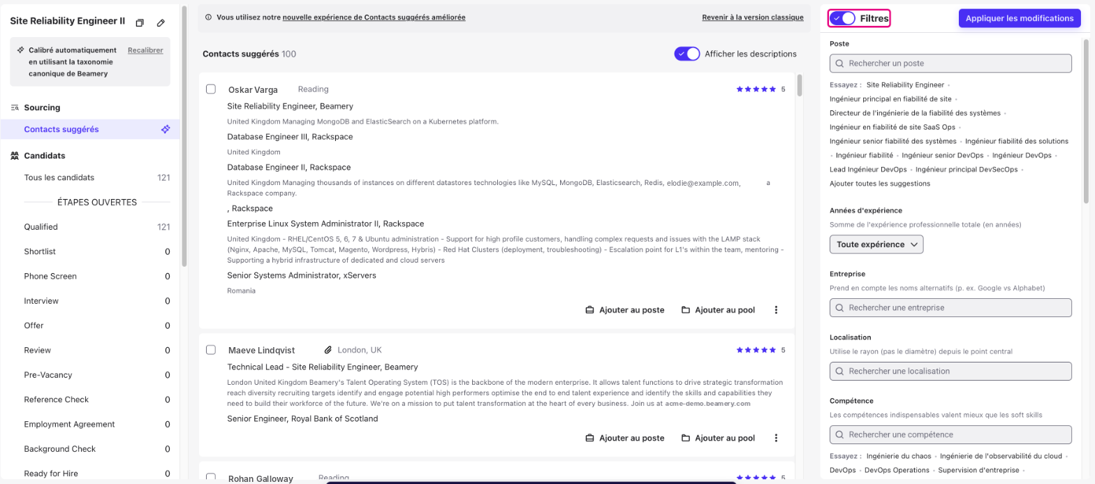 Liste des Contacts suggérés avec le panneau Filtres
