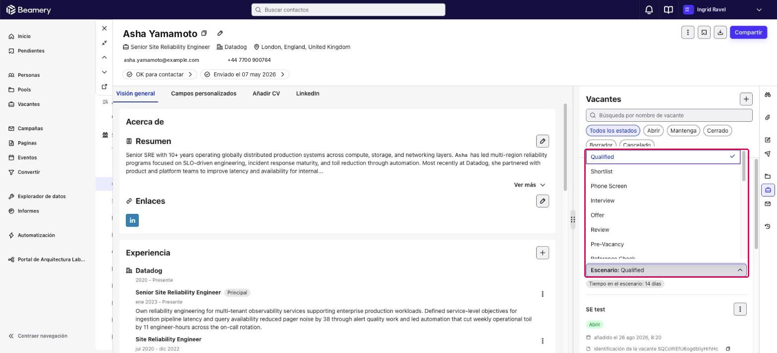 Perfil de un candidato con el espacio de trabajo Vacantes y la lista desplegable Escenario abierta