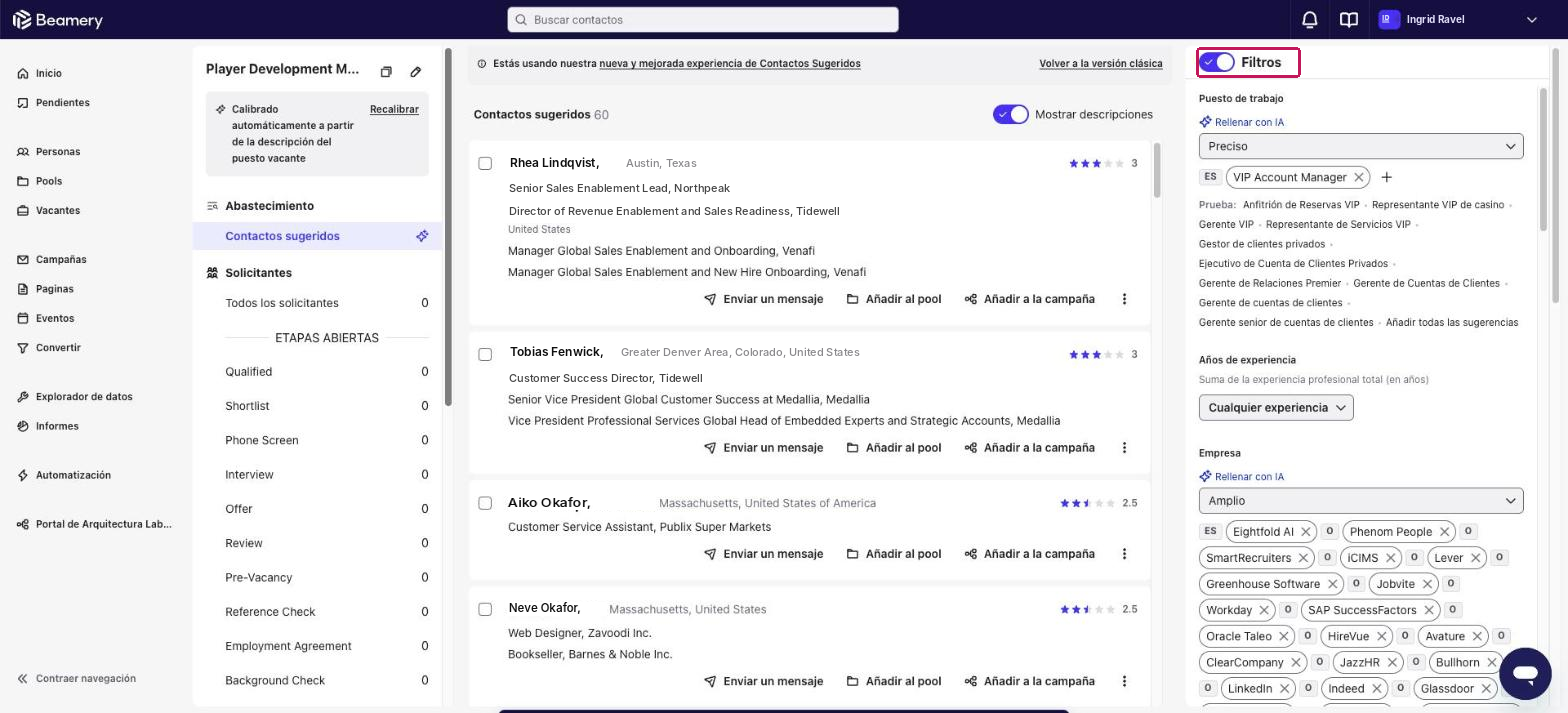 Lista de Contactos sugeridos con el panel Filtros
