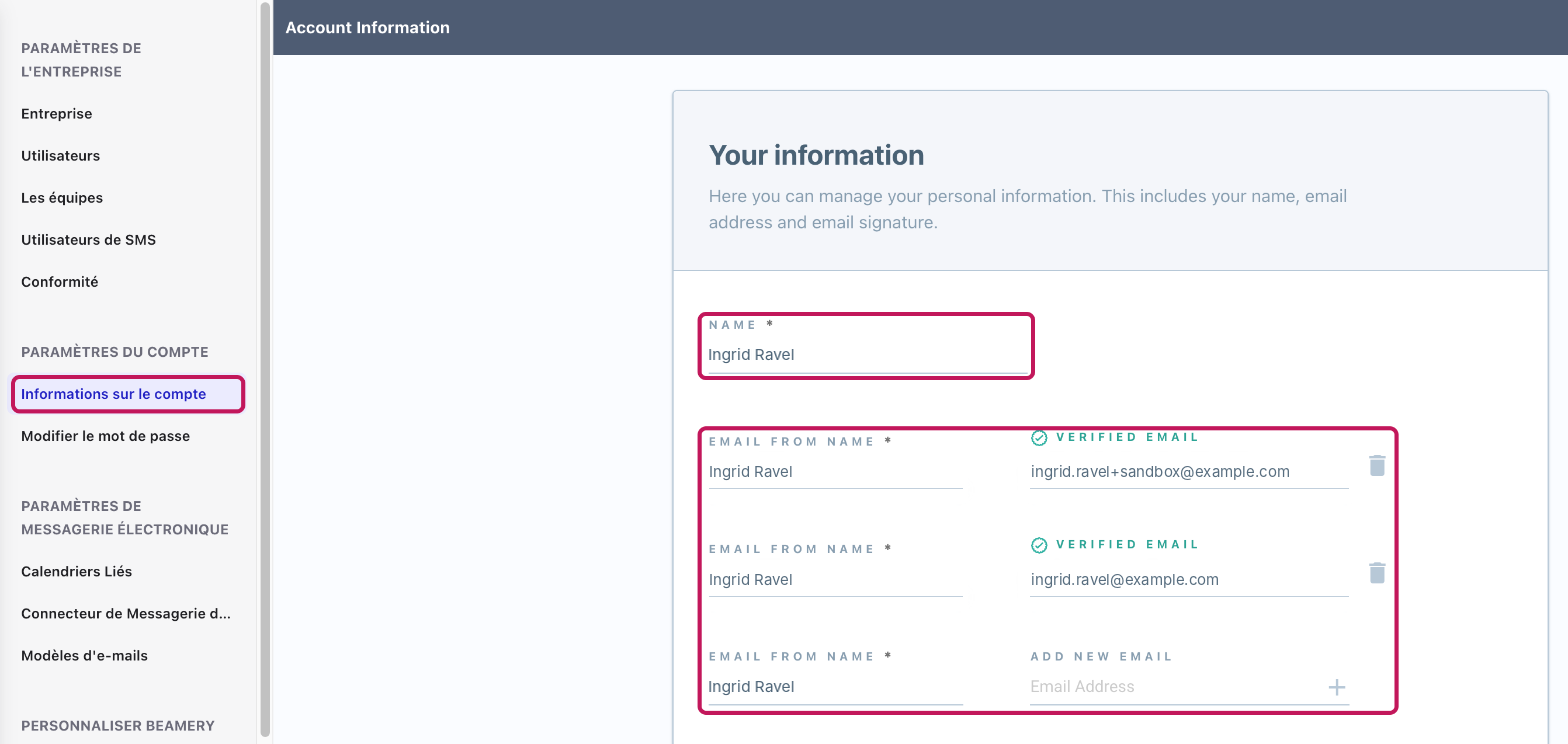 Page Account Information avec « Informations sur le compte » encadré dans la barre latérale et les champs Name et Email From Name encadrés