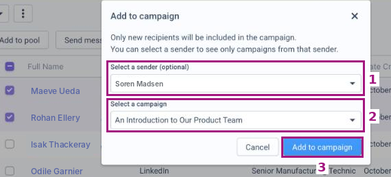 Add to campaign window with Select a sender (1), Select a campaign (2) and the Add to campaign button (3) highlighted