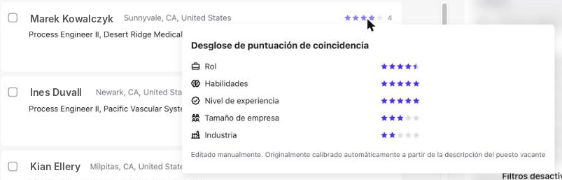 Ventana Desglose de puntuación de coincidencia con las valoraciones de Rol, Habilidades, Nivel de experiencia, Tamaño de empresa e Industria