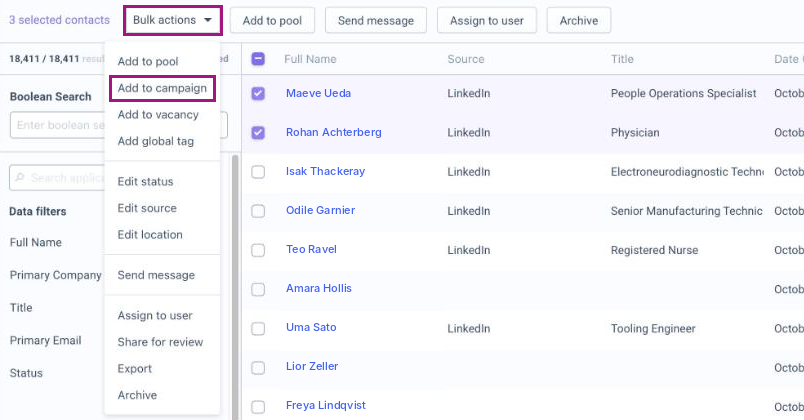 People list with contacts selected and the Bulk actions menu open, with Add to campaign highlighted