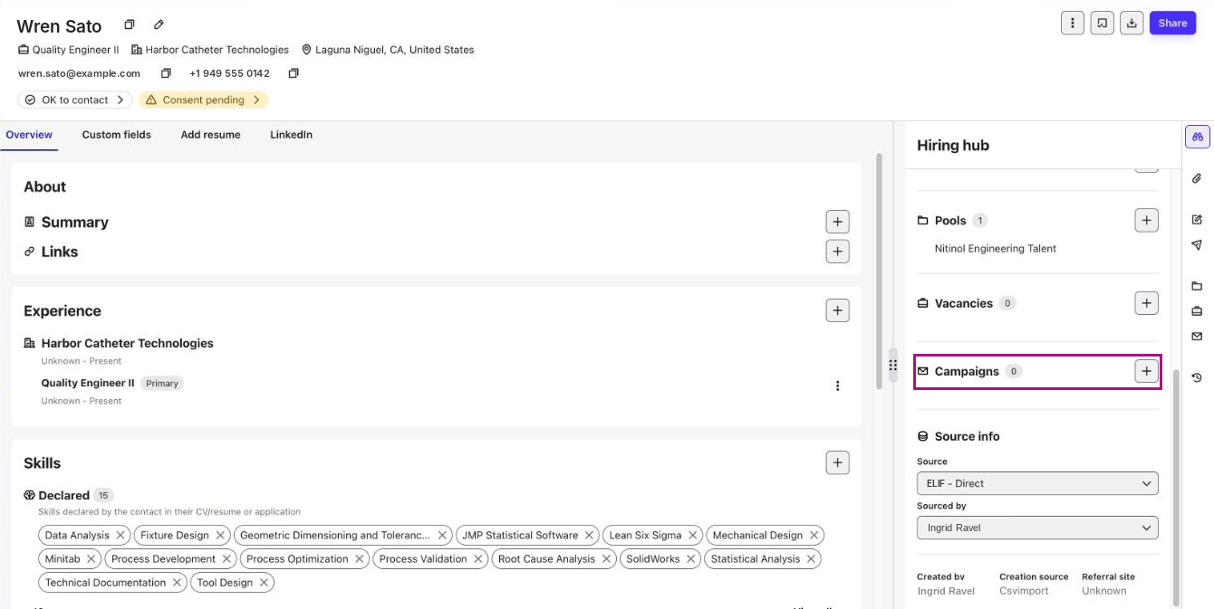 Contact profile with the Campaigns section of the Hiring hub highlighted