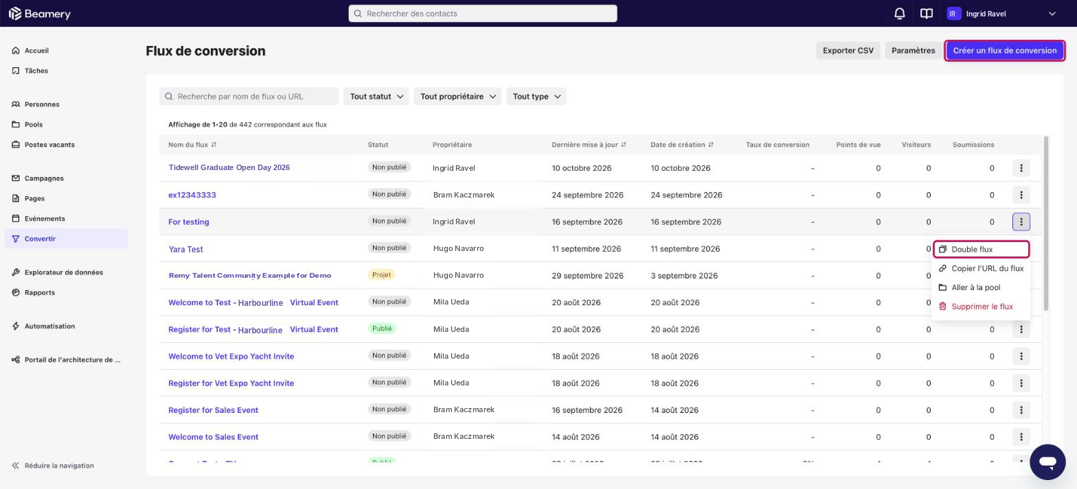 Page Flux de conversion : bouton Créer un flux de conversion et option Double flux du menu ⋮