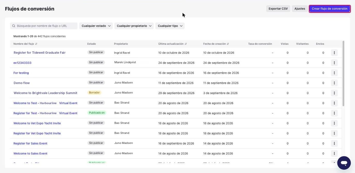 Lista Flujos de conversión con el botón Crear flujo de conversión resaltado