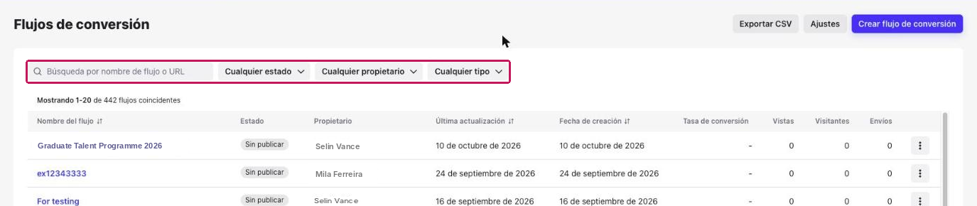 Lista Flujos de conversión con la búsqueda y los filtros resaltados
